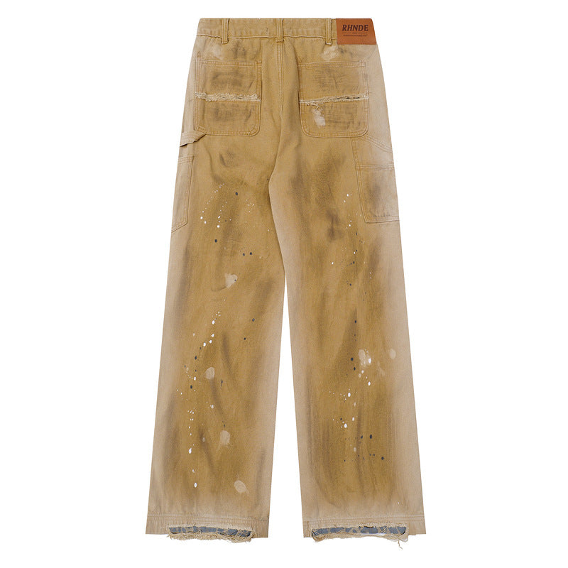 Splatter Wash Loose Straight-Leg Utility Jeans