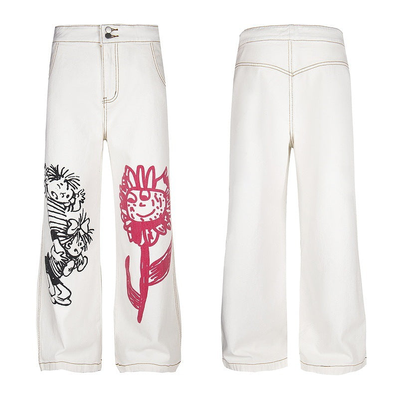 Cartoon Print Loose Straight-Leg Jeans