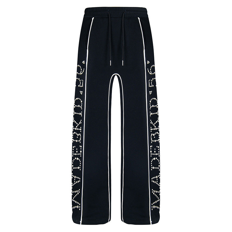 Vintage Letter Beaded Straight-Leg Pants