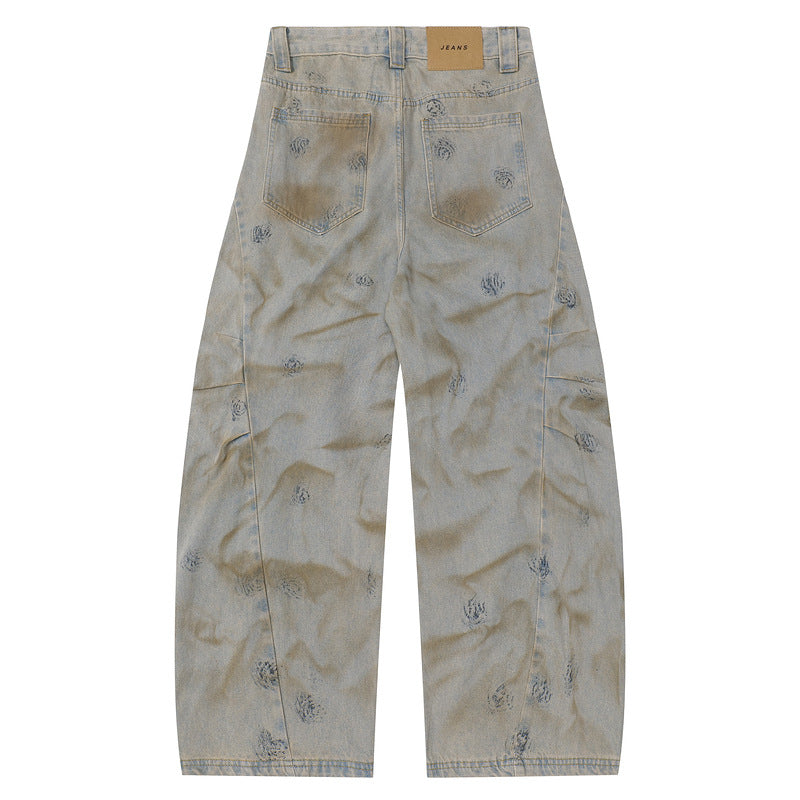 Graffiti Washed Loose Fit Blade-Cut Jeans