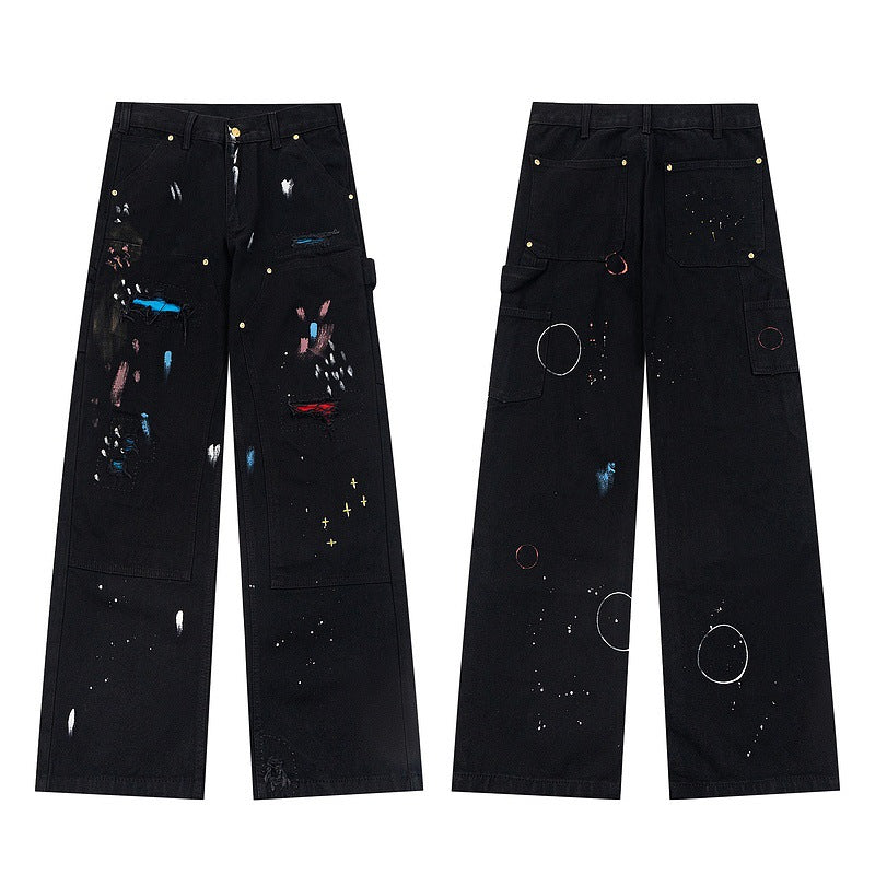 Washed Paint-Splatter Vintage Straight Jeans
