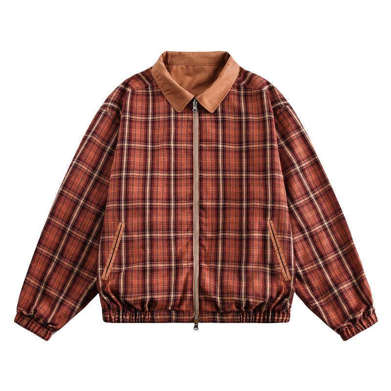 Vintage Reversible Bomber Jacket – Plaid Splicing Design
