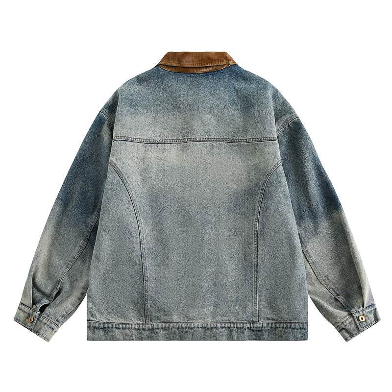Retro Patchwork Washed Denim Jacket with Turn-down Collar
