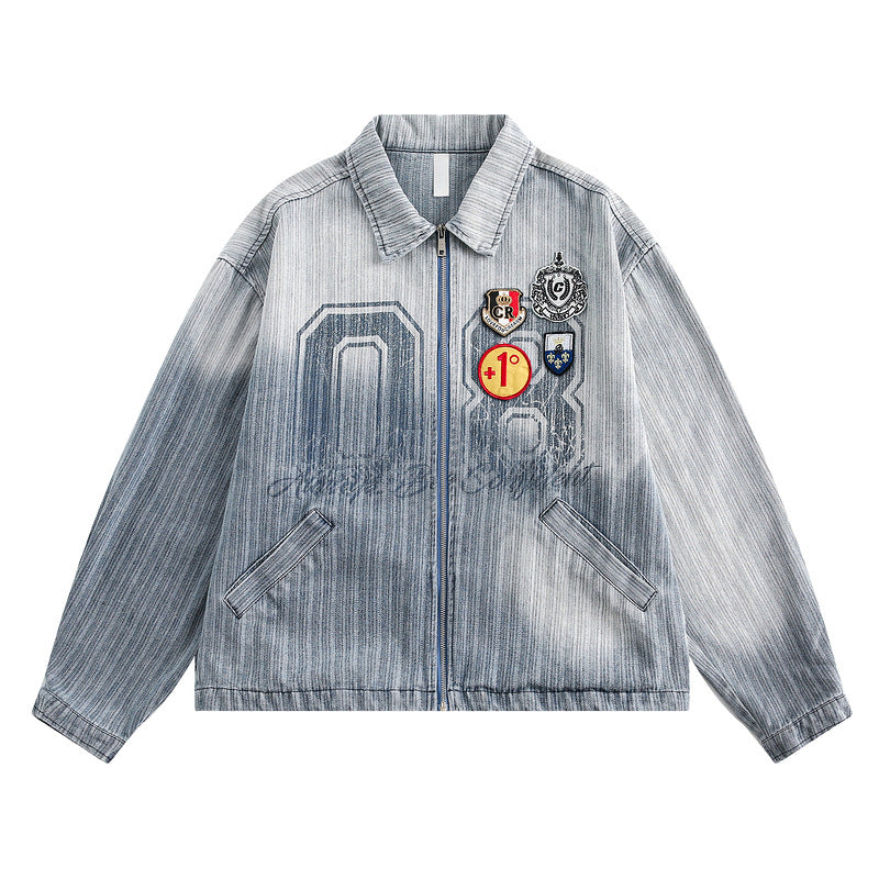 Vintage Denim Varsity Jacket with Badge Detail