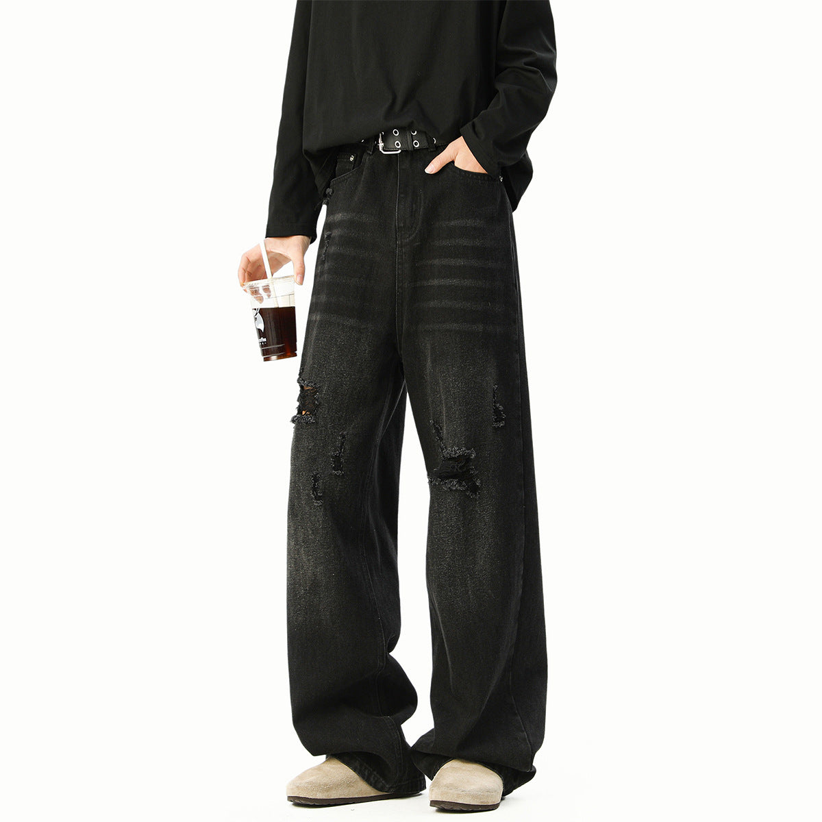 Washed Distressed Loose Straight-Leg Jeans