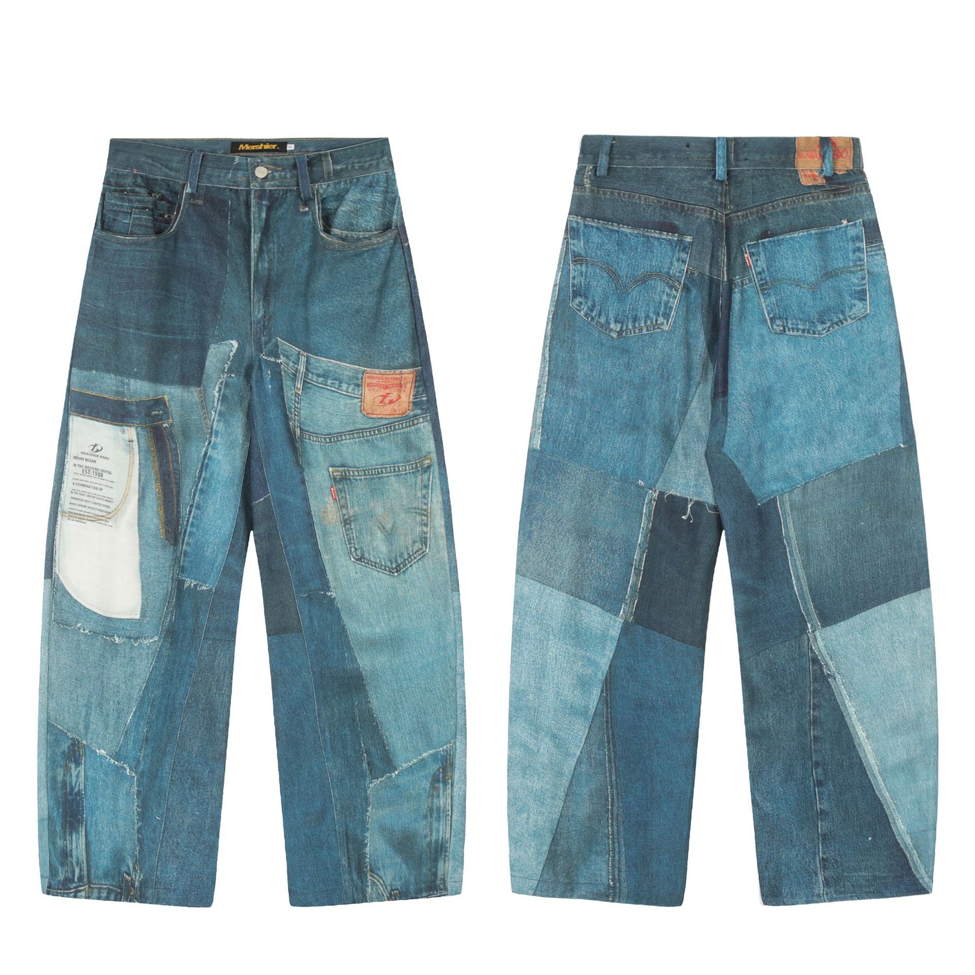High-Street Printed Patchwork Washed Dragging Jeans