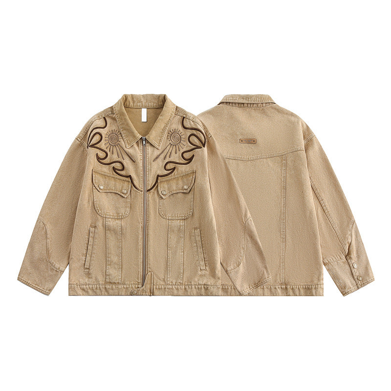 Retro Embroidery Tide Yellow Mud Washed Jacket