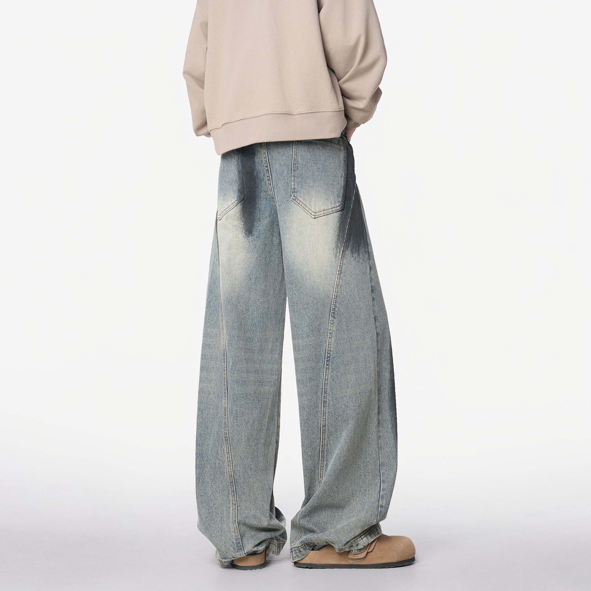 Graffiti Distressed Wide-Leg Streetwear Jeans with Curved-Cut Hem