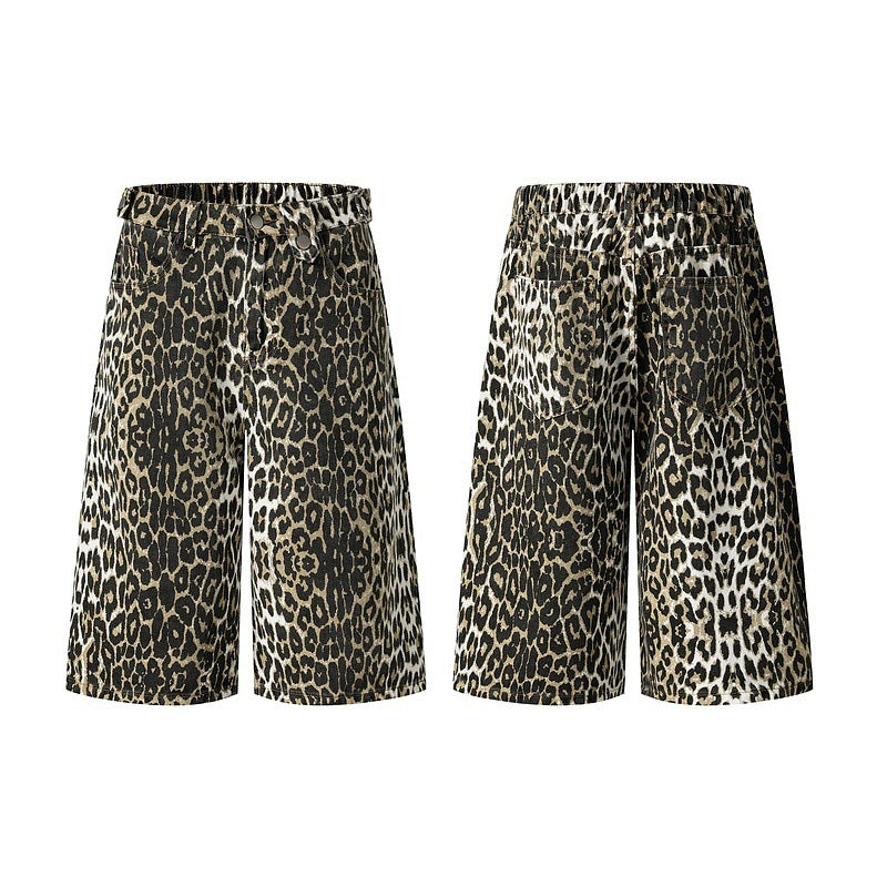 Vintage Leopard Print Loose Fit Denim Shorts