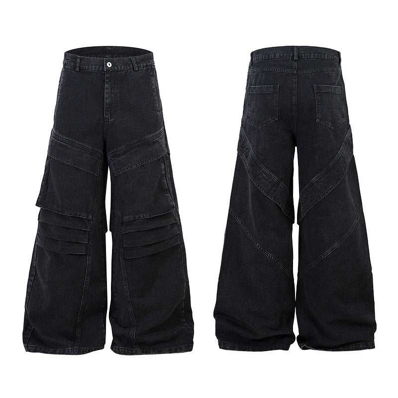 Vintage Washed Black Cargo Jeans with Wrinkle Detail