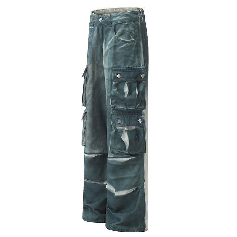 Vintage Tie-Dye Multi-Pocket Workwear Jeans