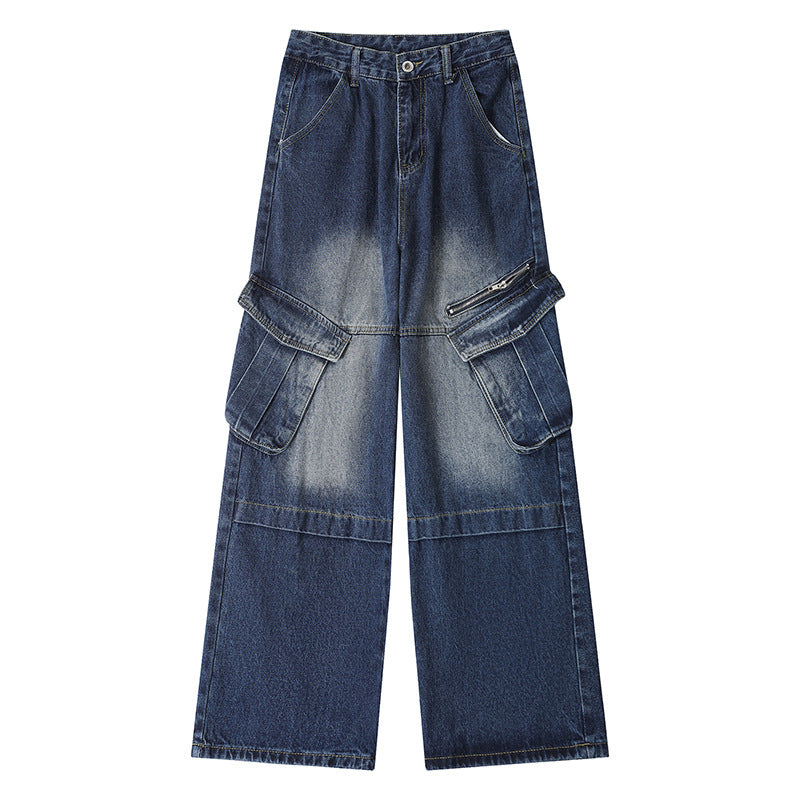 Vintage Washed Multi-pocket Utility Jeans