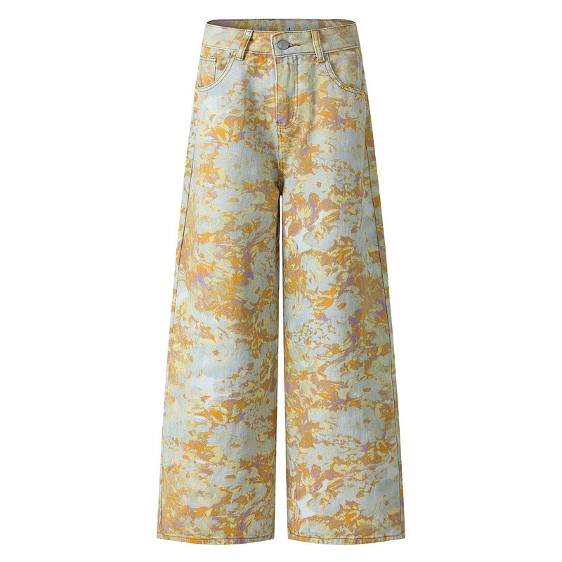 Vintage Printed High-Waist Wide-Leg Jeans