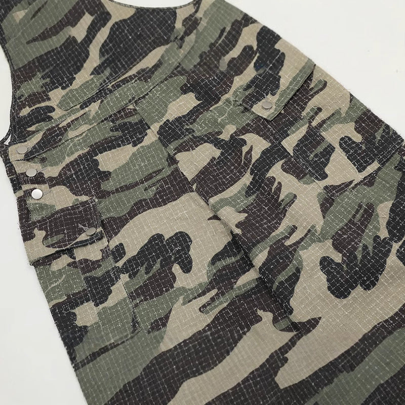 Vintage Camo Streetwear Utility Overalls with Straps