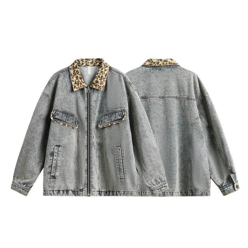 Retro Washed Leopard Print Loose Denim Jacket