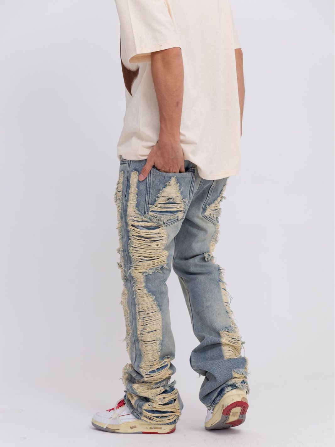 Hand-Distressed Whiskered Flared Ripped Jeans