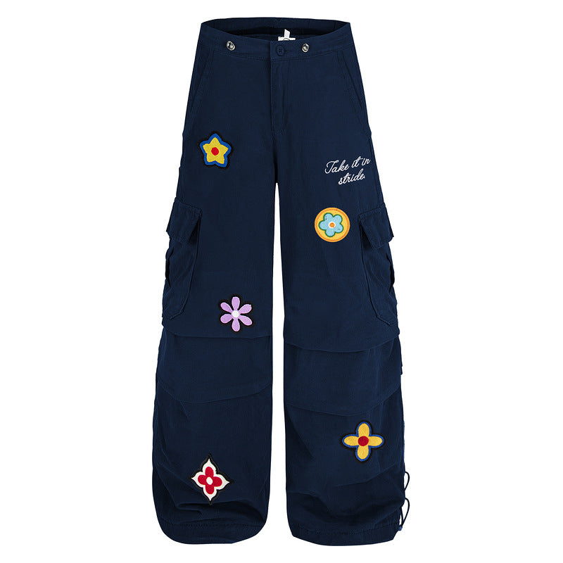 Retro Straight-Leg Cargo Pants with Floral Embroidery