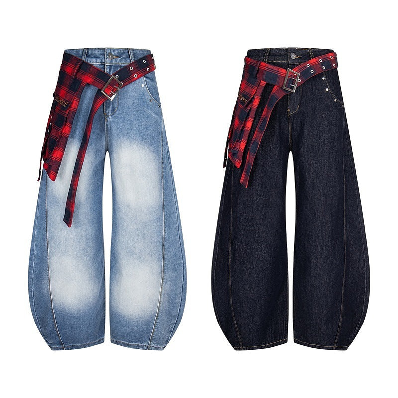 Plaid Patchwork Deconstructed Washed Knife-Cut Jeans