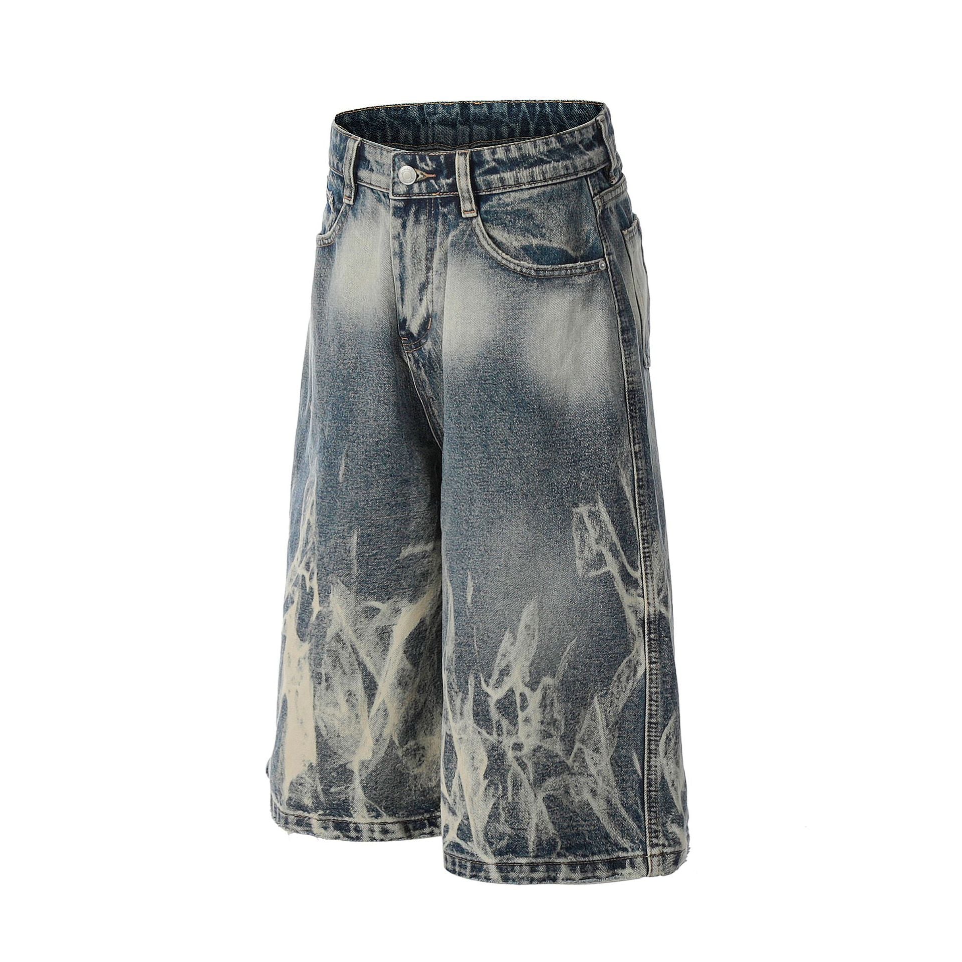 Tie-Dye Distressed Wide-Leg Denim Shorts