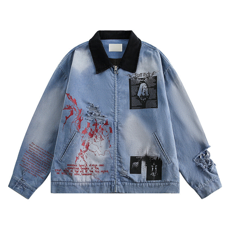 Vintage Graffiti Ripped Denim Jacket – Hip-Hop Style
