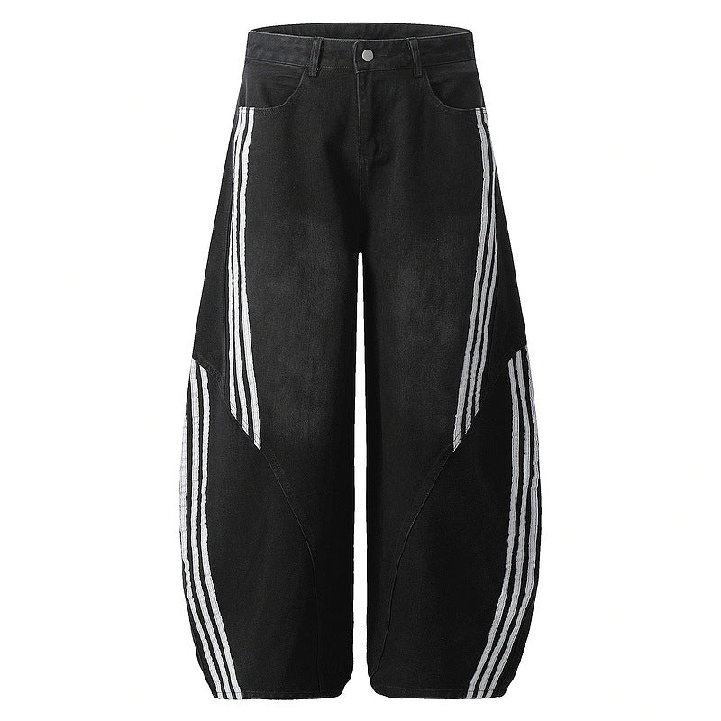 Side Stripe Knife-Cut Wide-Leg Denim Pants