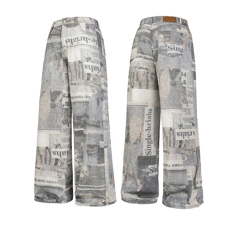 Graffiti Washed Newspaper Print Wide-Leg Jeans