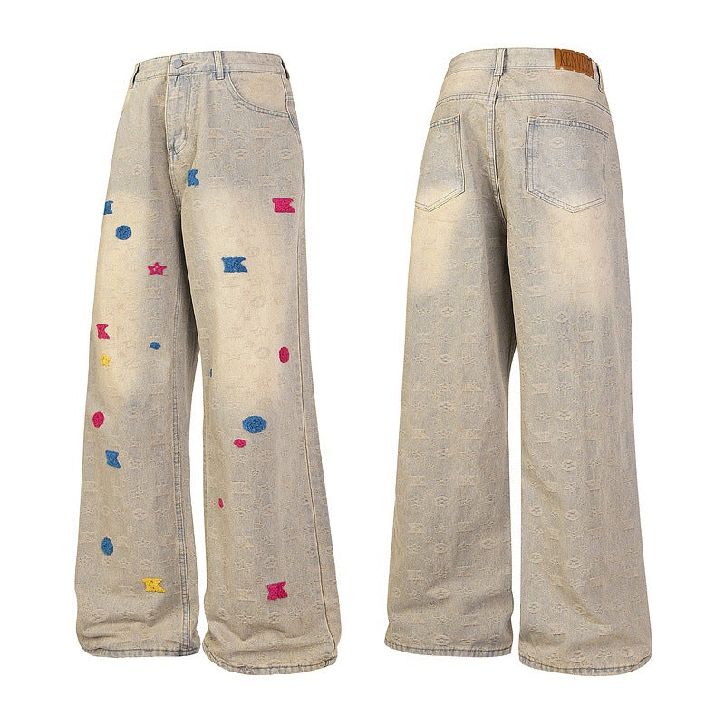 Washed Mud-Dyed Embroidered Loose Straight Micro-Flare Jeans