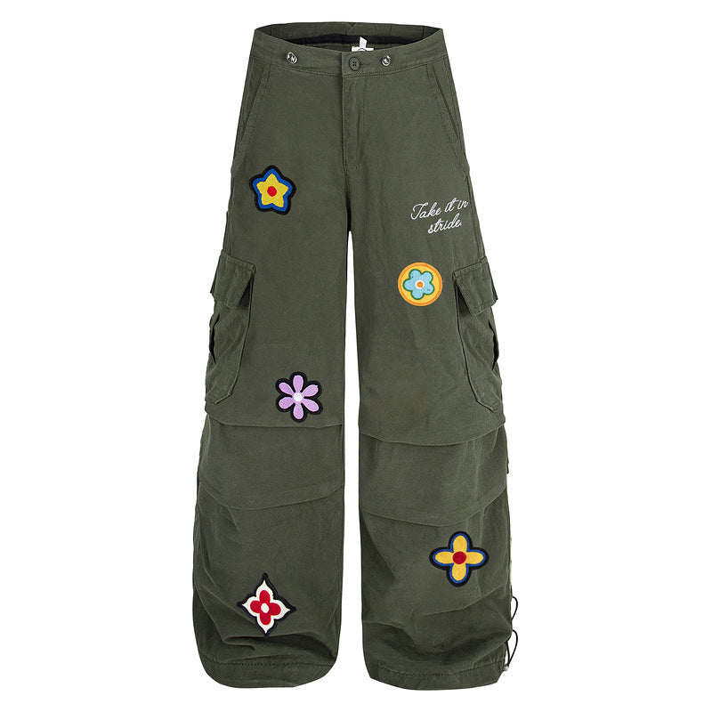Retro Straight-Leg Cargo Pants with Floral Embroidery