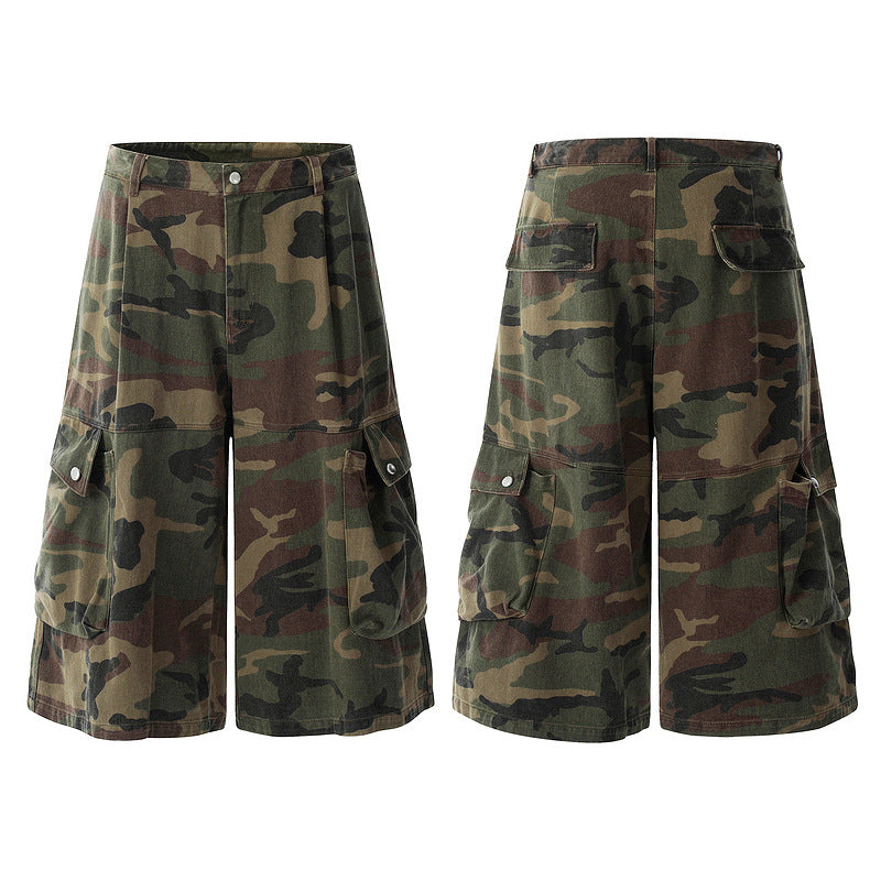 Wide-Leg Camouflage Utility Cargo Shorts