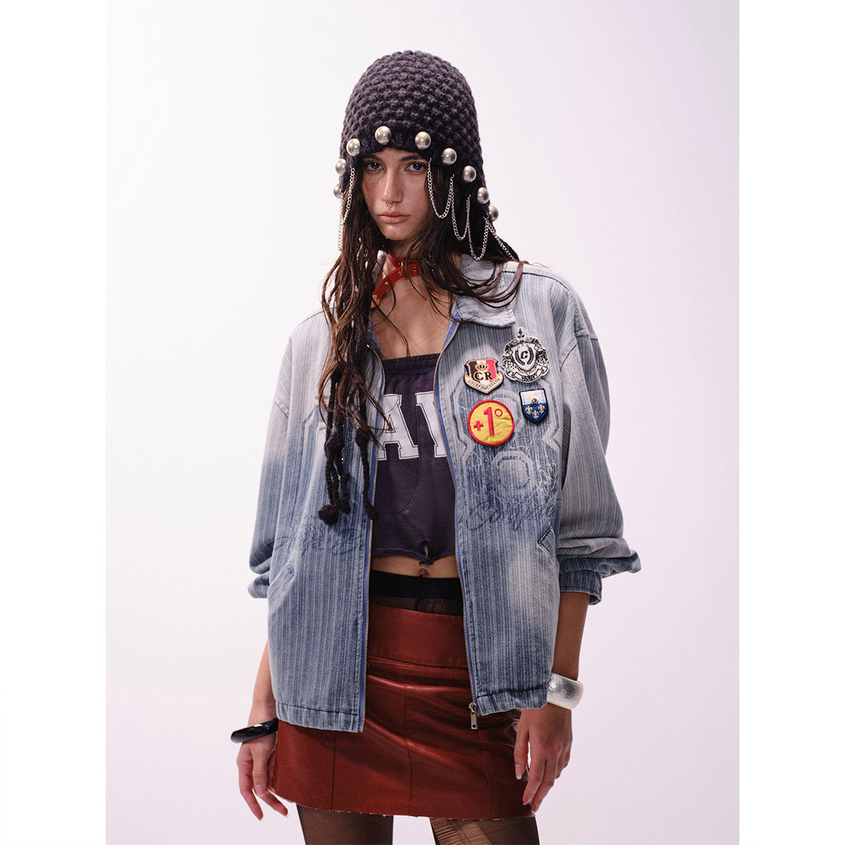 Vintage Denim Varsity Jacket with Badge Detail