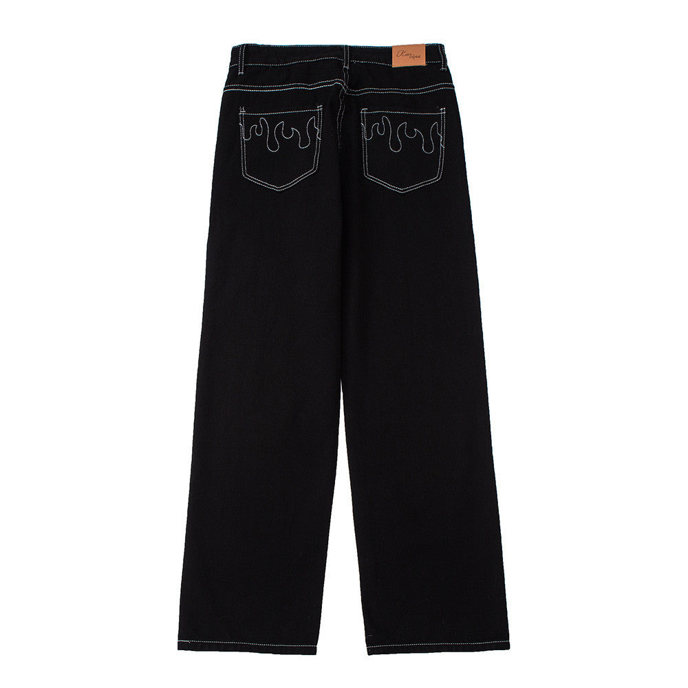 Flame Embroidery Straight-Leg Jeans with Contrast Stitching