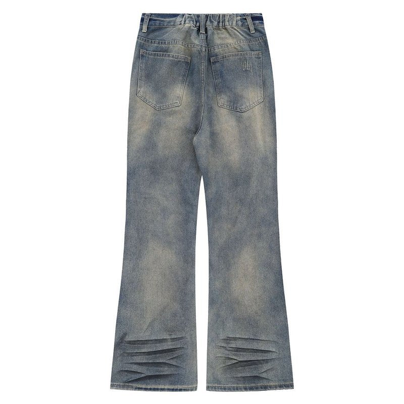 Vintage Washed Flared Jeans with Ruched and Distressed Details