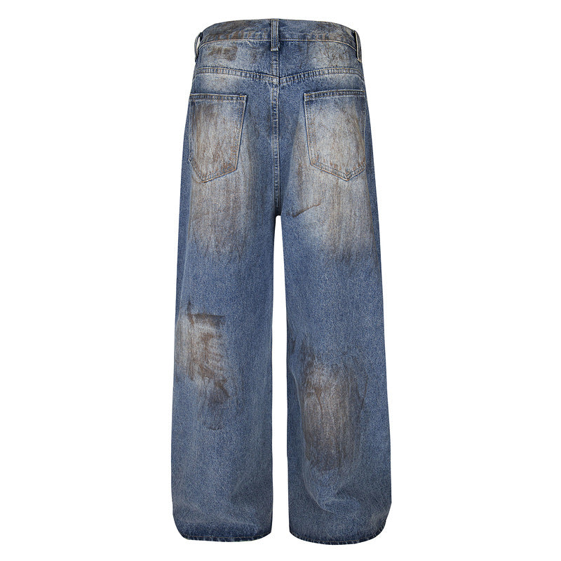 Vintage Low-Waist Distressed Wide-Leg Jeans – Loose Straight Hem Pants