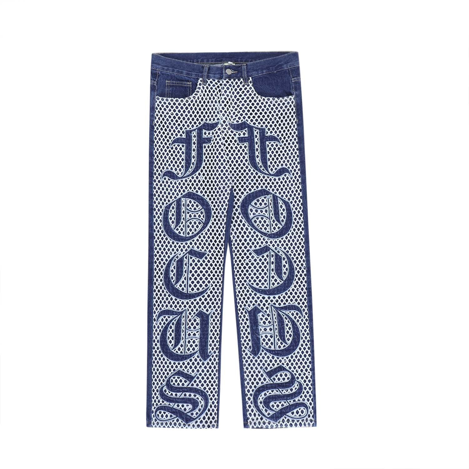 Patchwork Mesh Letter Embroidered Loose Wide-Leg Jeans