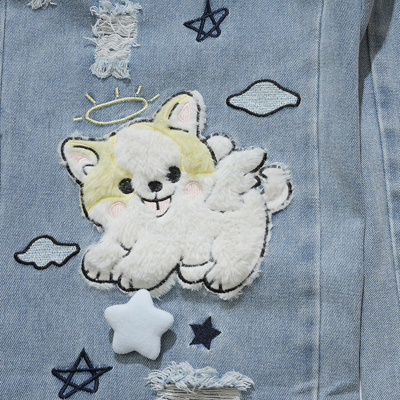 Flocked Puppy Patch Ripped Straight-Leg Jeans