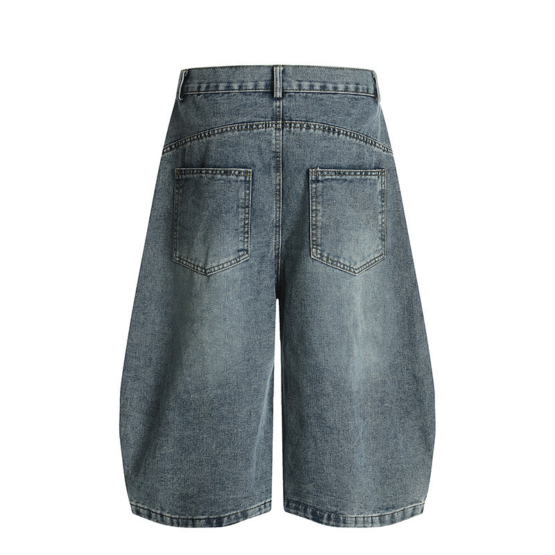 Washed Striped Wide-Leg Curved-Cut Banana Shorts