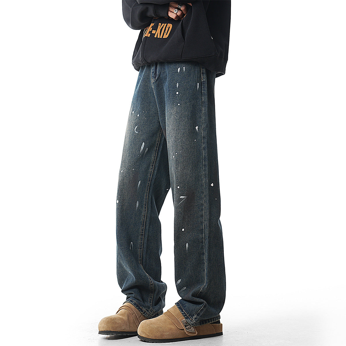 Paint-Splatter Washed Loose Straight Denim Pants