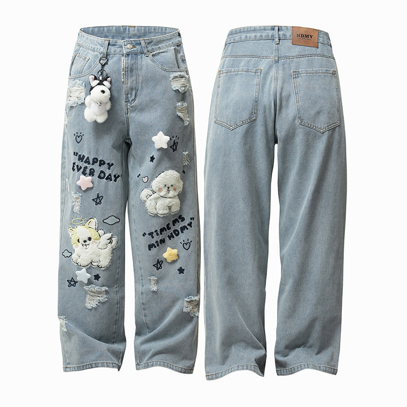 Flocked Puppy Patch Ripped Straight-Leg Jeans