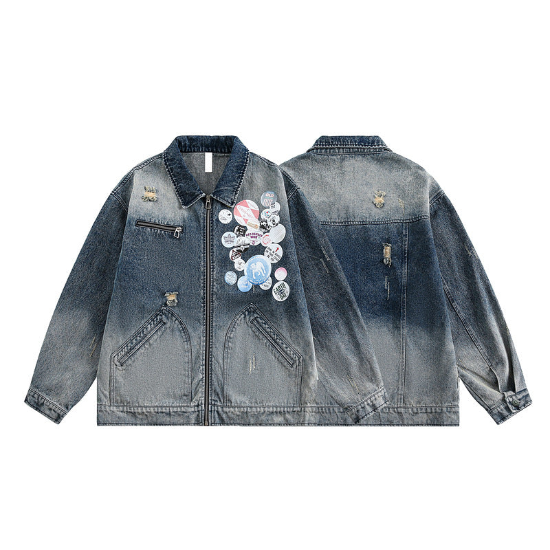 Vintage Gradient-Washed Distressed Denim Jacket with Badge Print