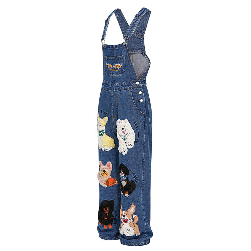 Vintage Cartoon Embroidered Washed Denim Overalls with Multi Pockets