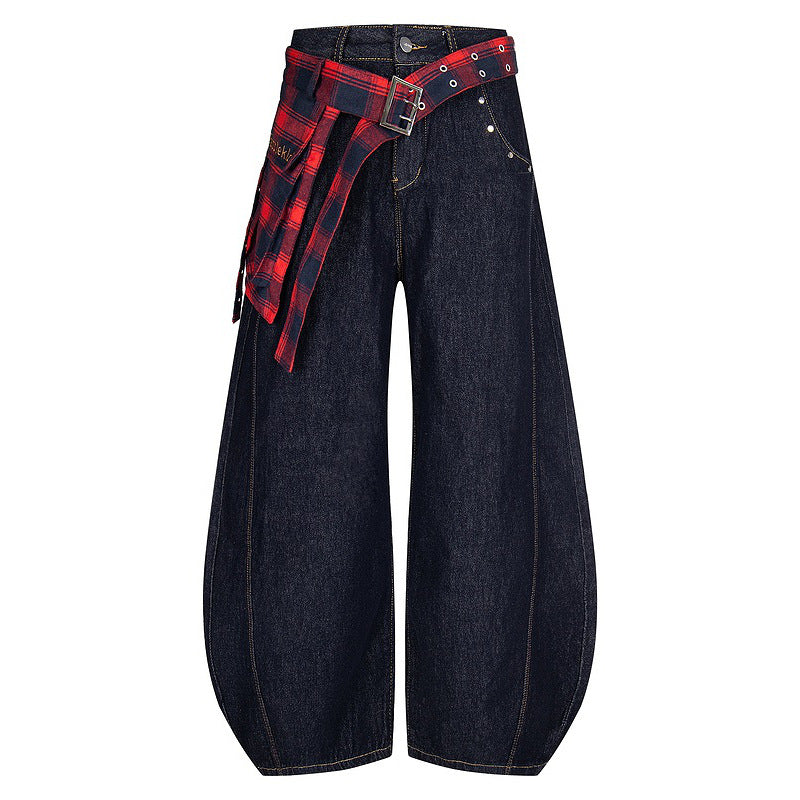 Plaid Patchwork Deconstructed Washed Knife-Cut Jeans
