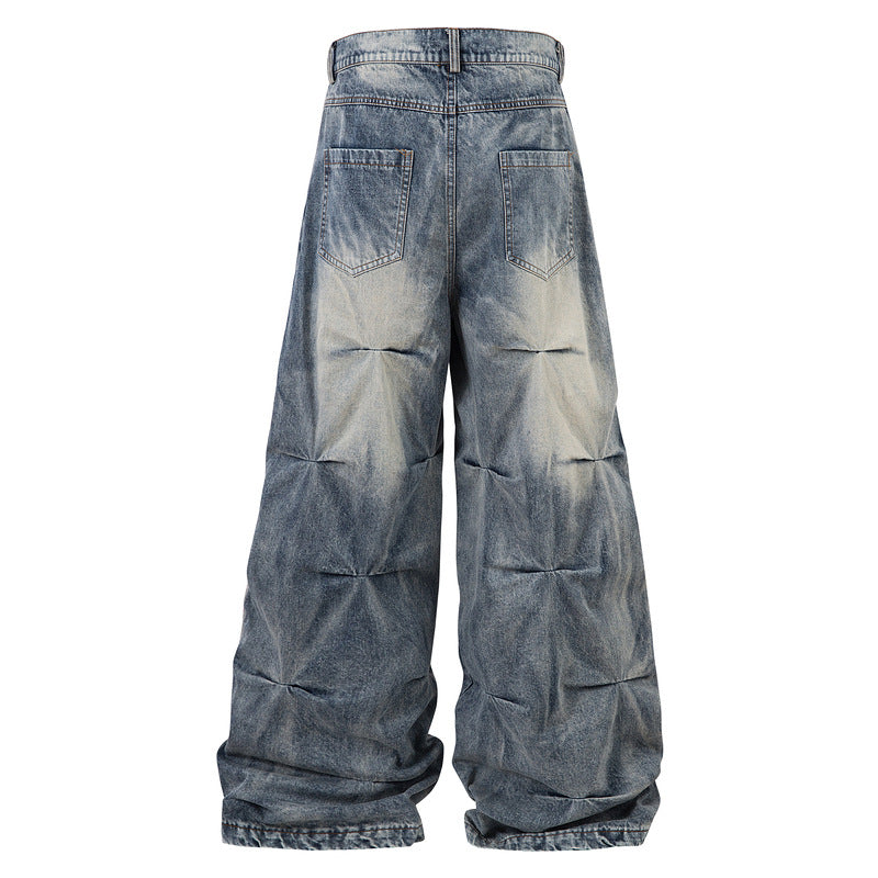 Vintage Washed Wrinkled Denim Jeans with Draped Hem