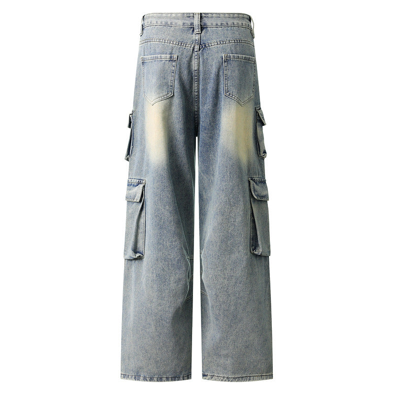 Vintage Multi-pocket Washed Utility Straight-Leg Jeans