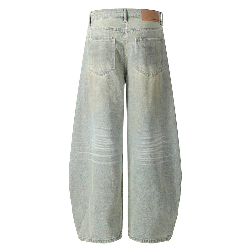 Retro Banana-Cut Distressed Washed Denim Pants