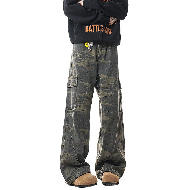 Vintage Green Camo Loose Straight-Leg Jeans with Multi Pockets