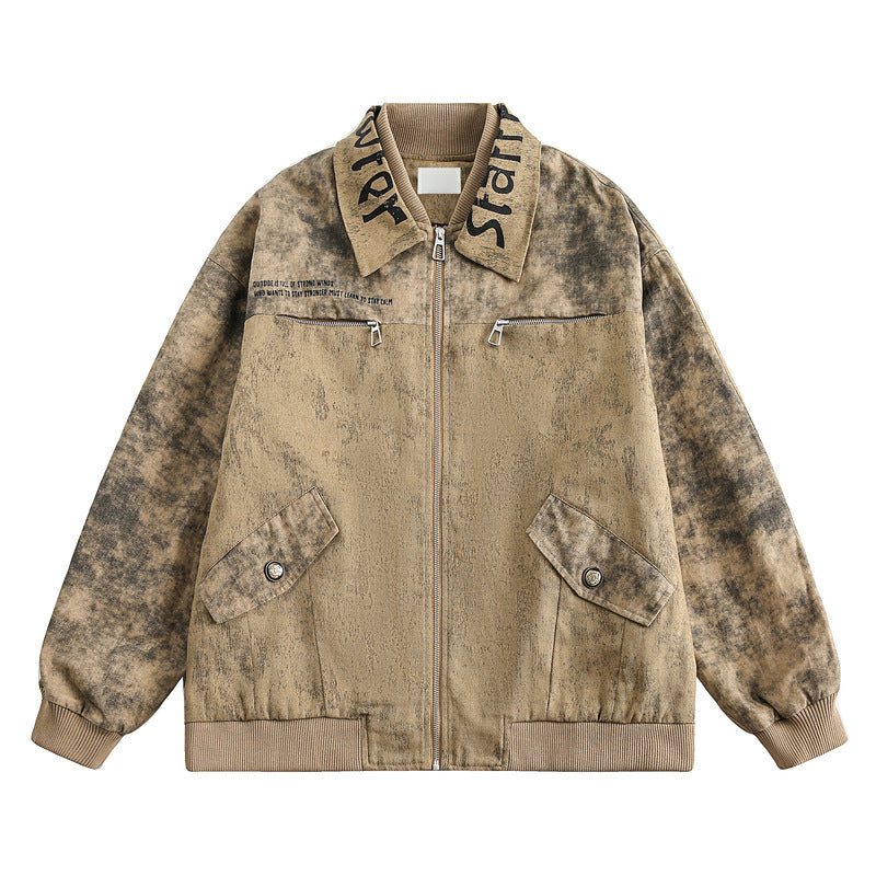 Vintage Spray-Paint Work Jacket with Embroidered Lapel