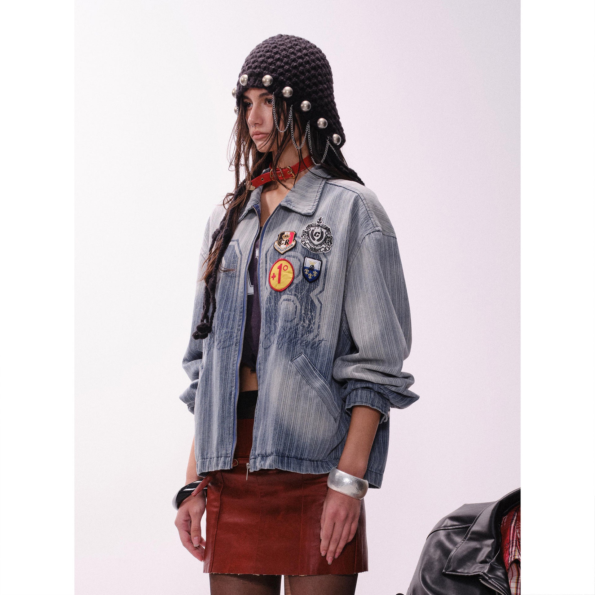 Vintage Denim Varsity Jacket with Badge Detail