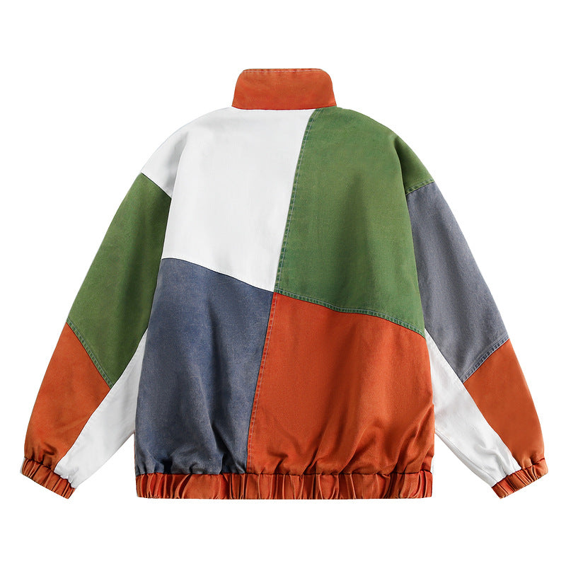 Loose Colorblock Stand Collar Jacket – Patchwork Design