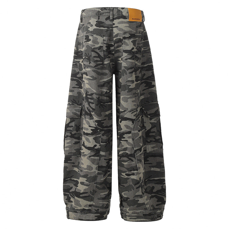 Camouflage Wide-Leg Denim Cargo Pants with Curved Cut