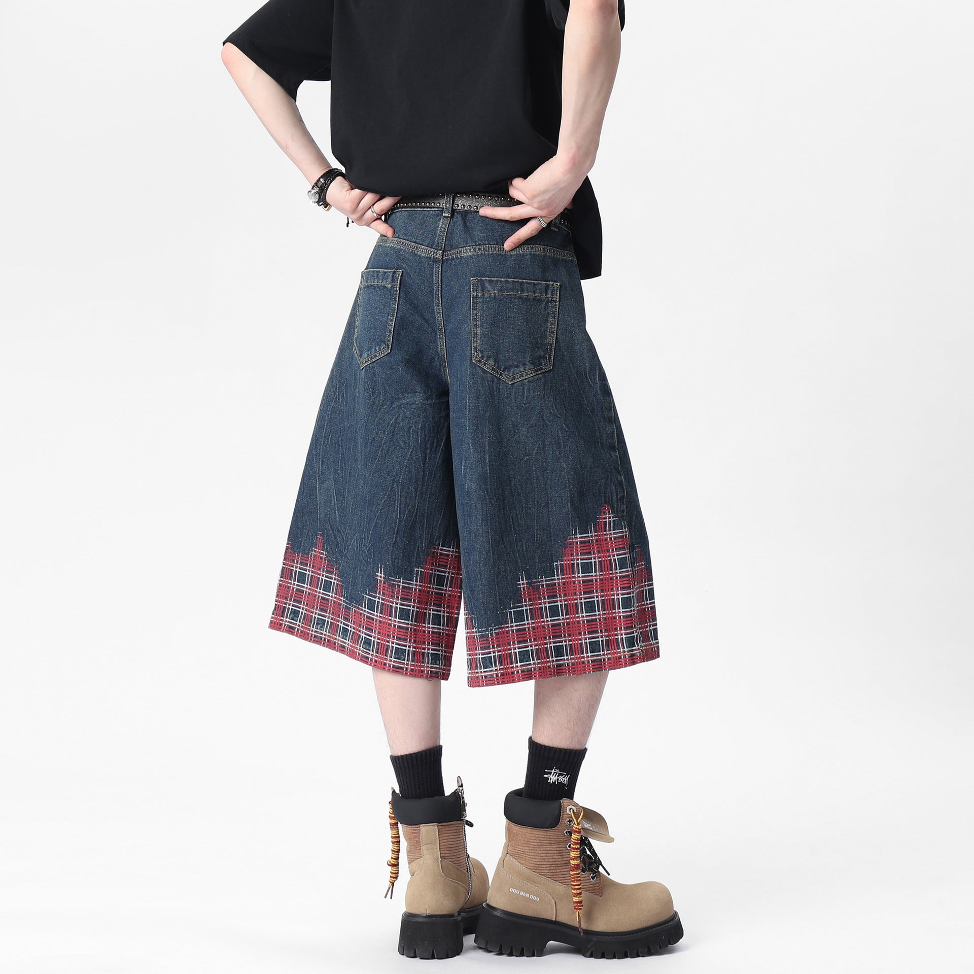 Distressed Plaid Patchwork Vintage Denim Shorts